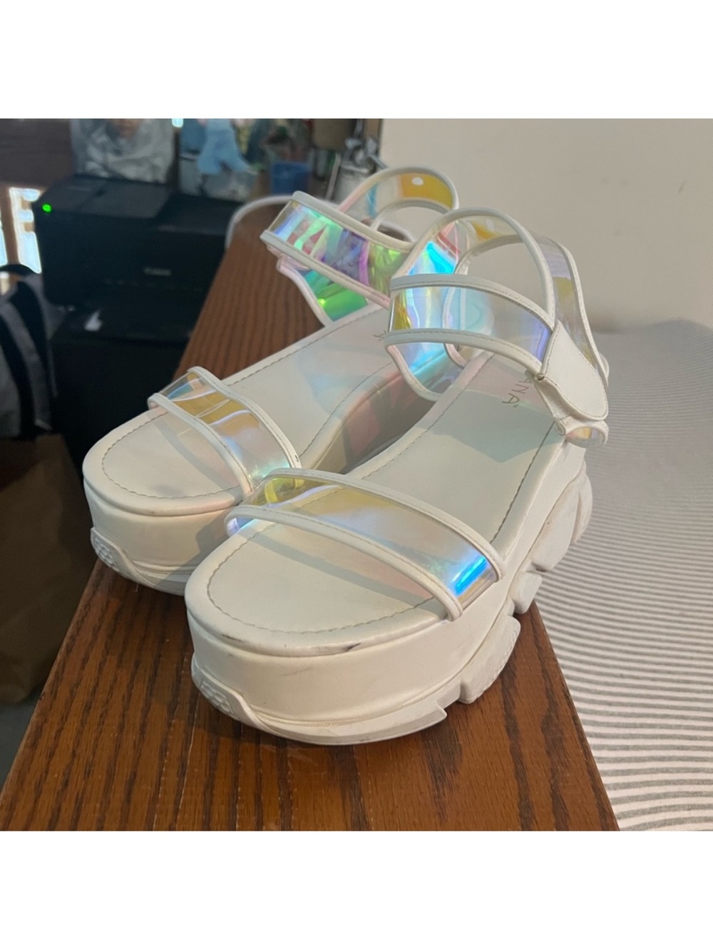Liliana White Platform Sandals with Iridescent Straps - Picture 4 of 12
